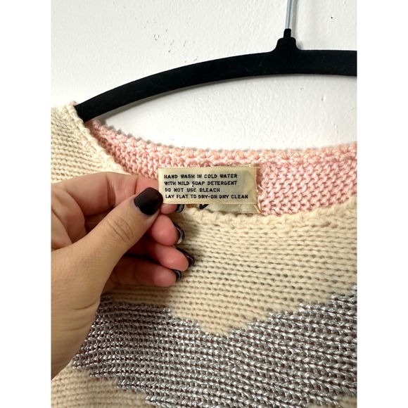 Vintage 80s pink Bow Pullover knit sweater Womens S shoulder pads silver duet - Picture 8 of 9
